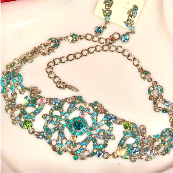 Vtg 2003 VCLM Noblesse Austrian Crystal Teal Turquoise Choker Earrings Set NIP - Picture 2 of 12